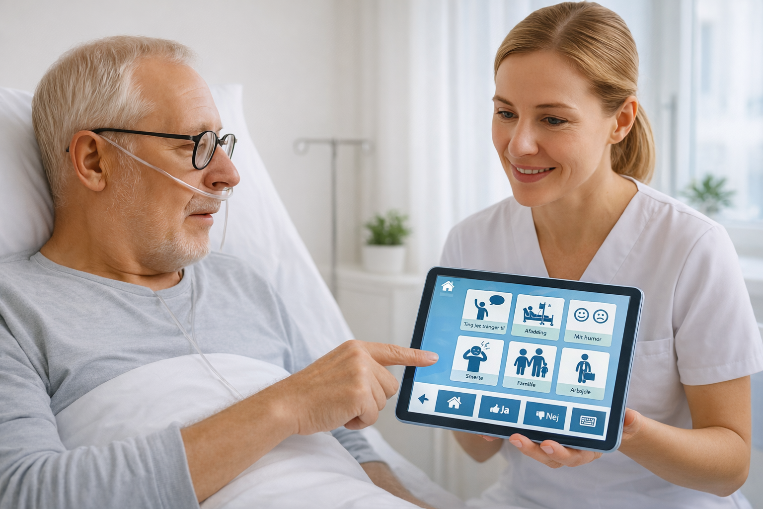 Healthcare professional using Talk2Care with a patient in a hospital setting