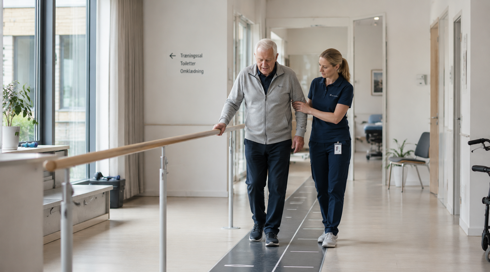 Healthcare professional supporting elderly patient during mobility rehabilitation in a Nordic healthcare environment