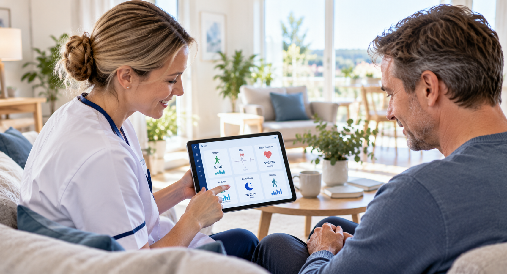 Healthcare professional and patient reviewing digital health information together at home
